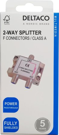 Deltaco 2-way splitter, F-connectors, 1 DC pass, ClassA