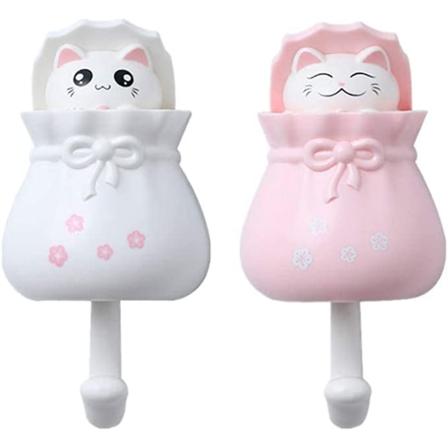 2 stk. (Lucky Cat) selvklæbende vægkroge (hvid og pink),