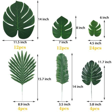 60 pakke kunstige blade i 6 forskellige typer Enthur, imiterede tropiske planteblade til borddekoration, fester med hawaiiansk eller strandtema.