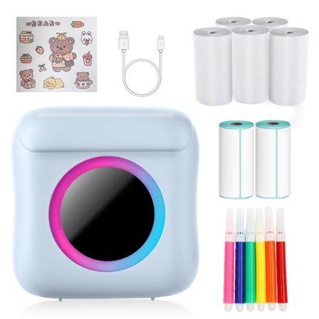 Bærbar fotoprinter med 7 ruller trykkpapir, mini blekkfri skriver for iOS og Android