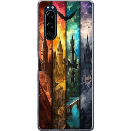 Kompatibel Mobilcover til Sony Sony Xperia 5 Fire magiske slotte i forskellige elementfarver, episk fantasykunst med ild vand luft og mørke i detalje