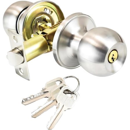 Dørhåndtagssæt i rustfrit stål, rundt dørhåndtag med lås, nøglelås, låsestørrelse 60/70 mm