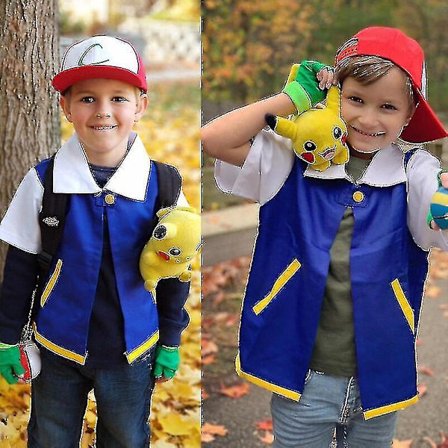Mænd Anime Blå Jakke Kostume Drenge Piger Ash Ketchum Cosplay Til Halloween Fest Kvinder Træner Kasket Og Handsker Sæt -a