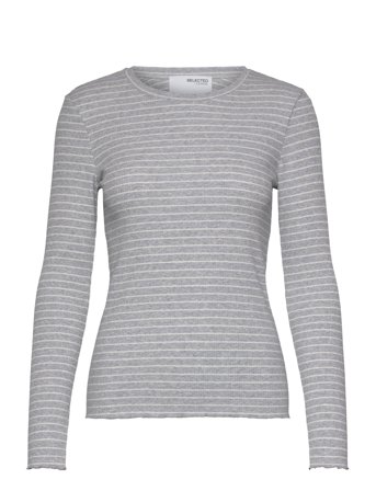 Slfanna Ls Crew Neck Tee Str Noos Grey Selected