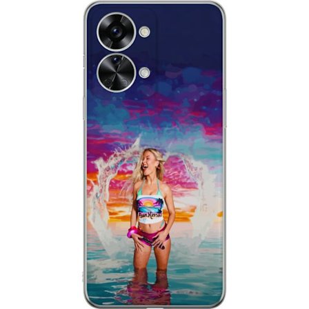 Kompatibel Mobilcover til OnePlus Nord 2T Blond kvinde i farverigt strandtøj, der leger i havet ved solnedgang