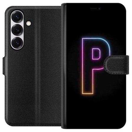 Kompatibel Tegnebogsetui til Samsung Samsung Galaxy S25 Minimalistisk neonbogstav P i farvegradient og lyseffekt mod sort baggrund i digital neonstil