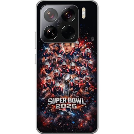 Yhteensopiva Puhelinkuori Xiaomi 15 Pro Super Bowl 2026 juliste, jossa New England Patriots ja NFL-mestaruuspalkinto räjähtävän urheilullisessa suunni