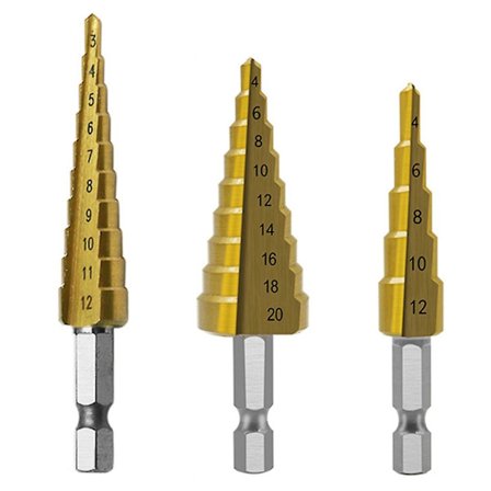 3-delad HSS-stegborr-uppsättning, konisk hålfräs, avsmalnande metrisk titanbelagd metall, sexkantig kärnborr, 3 delar