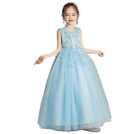Brudepikekjole for jenter, blomsterbaby, barnefest/bryllupskjoler, prinsesse-blondeballkjoler (150 blå)