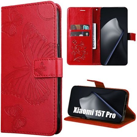 Cover til Xiaomi 15T Pro, Beskyttelse med klap, Ridsefast, Stødabsorberende, Syntetisk læder, Relief sommerfugl - Rød