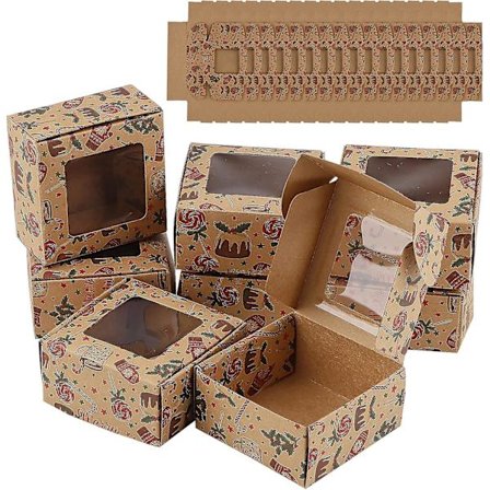 24 Mini Kaklådor 8x8x4cm Kraft Kaklåda Med Fönster Jul Cookie Box Enkel Cupcake Box Liten Bageri Box Mini Jul Presentförpackning Box För C