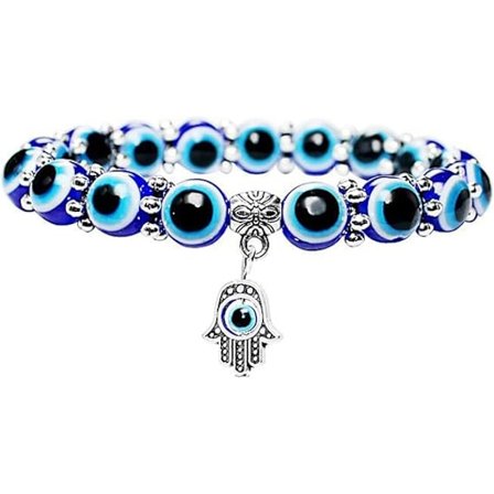 Elastisk armbånd med blå perler og Fatima-hånd-amuletter, tyrkisk lykkearmbånd med onde øyet for beskyttelse og velsignelse