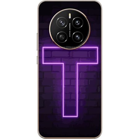 Yhteensopiva Puhelinkuori Honor Honor Magic7 Neonristi purppuranvalossa tummaa tiiliseinää vasten, symbolinen motiivi vahvalla hohto moderni esteett