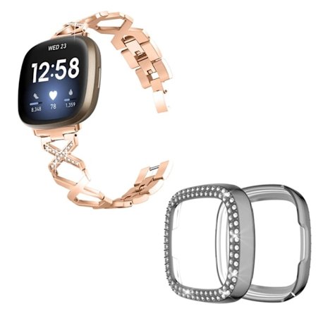 Fitbit Sense / Versa 3 X-formad med strassdekorerat klockarmband med grått fodral - Roséguld
