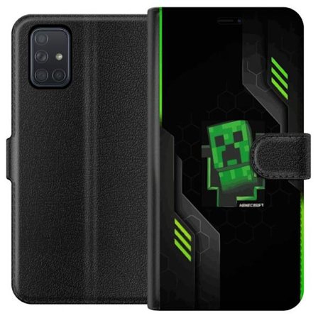 Yhteensopiva Lompakkokotelo Samsung Samsung Galaxy A71 Vihreä pikselipohjainen peli-esitys, jossa on futuristisia neon-elementtejä ja tumma tech-tau