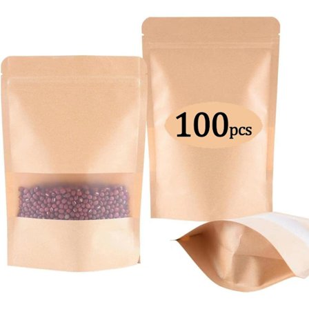 100 stk Kraft matposer Stand-Up Kraft glidelåsposer med klart vindu Gjenbrukbare lufttette papirposer Håndverk matlagring Nøtter Kaffe bønner (14*20cm