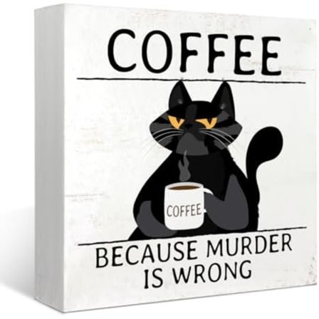 Kat Kaffe Skilt Trækasse Skilt, Kat Køkken Skilte Skrivebordsindretning Sjovt Kaffebar Tilbehør, Bondehus Rustik Træblok Plade til Bordhylde 