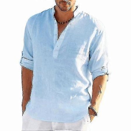 Sommar Linneskjorta för Män Långärmad Enfärgad Lös Casual Skjorta Topp Bomull