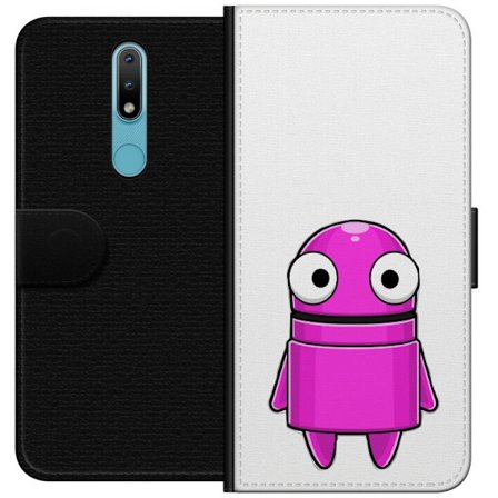 Yhteensopiva Lompakkokotelo Nokia Nokia 2.4 Roosa piirretty hahmo, jossa pyöreä muoto ja suuret silmät tummalla taustalla