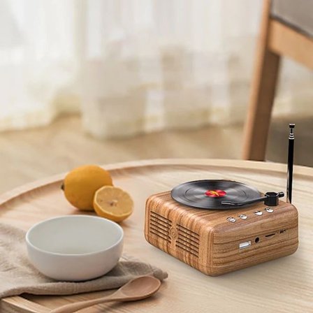 Vinyl Platespiller Bluetooth Høyttaler Innovativ Mini FM Radio HiFi Stereo Lyd Retro Grammofon Trådløs Høyttaler Trestruktur