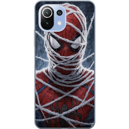 Xiaomi 11 Lite 5G NE Gennemsigtig cover Spider-Man dækket af tætte netlag i et dramatisk nærbillede, der fremhæver maskens struktur og intensitet