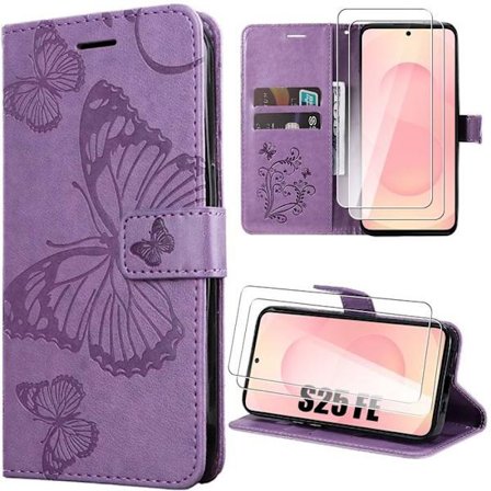 Skyddsskal - BOOLING - för Samsung Galaxy S25 FE - Syntetläder Lila Fjärilsmönster - 2 Härdat Glas