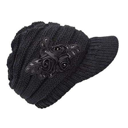 Kvinners Vinter Varm Strikket Lue Heklet Visor Bremskjerm Cap Med Blomster Aksent Black