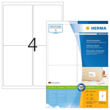 Herma Premium - Papir - matt - permanent selv-adhesiv - hvit - 99.1 x 139 mm 400 etikett(er) (100 ark x 4) laminerte adresseetiketter