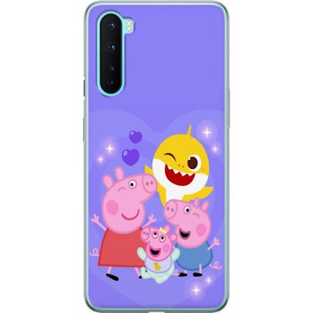 Kompatibelt Mobildeksel til OnePlus Nord Peppa Gris mønster med hjerter, sommerfugler og venner, lys rosa bakgrunn i myke barneillustrasjoner