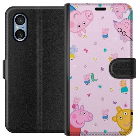 Kompatibelt Lommeboketui til Sony Xperia 10 VI Peppa Gris med en baby i armene, mamma gris motiv i fargerik og myk barneillustrasjon med hjerter