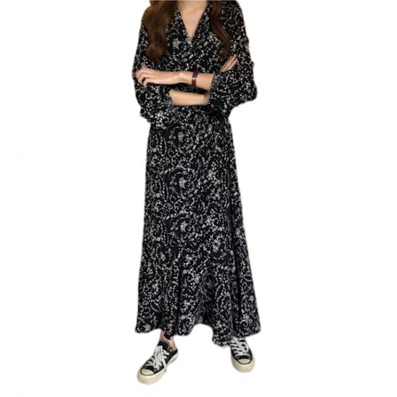 Sommerstrandkjole Kvinners Fragmentert Blomster Blonder Opp Lang Ermet Rever Enkelt Kneppet Lang Kjole Kvinners Myk Sommerkjole(Svart)