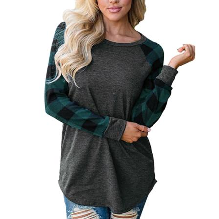 Dam T-shirt Rundhalsad Långärmad Splicing Rutig Casual Topp,