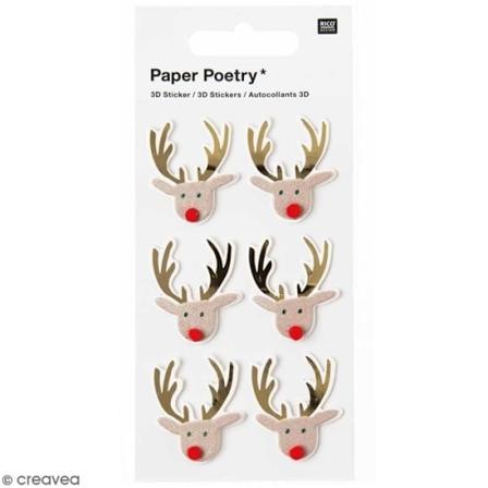 3D Juleklistermærker - Rensdyr - Brun - 6 stk