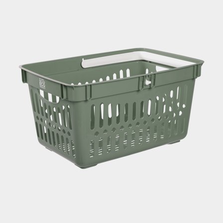 Ostoskorit / säilytyskori muovista Nordiska Plast My Own ECO, khaki vihreä/valkoinen, 480 mm x 330 mm x 250 mm, 27 litraa