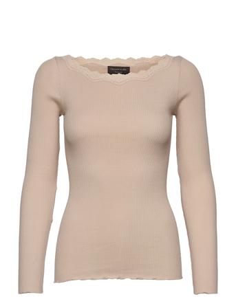 Organic T-Shirt W/Lace T-shirts & Tops Long-sleeved Beige Rosemunde