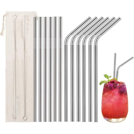 12 stk. Rustfrie stål sugerør, gjenbrukbare metall sugerør med 2 rengjøringsbørster for smoothies, milkshakes, cocktails og varme drikker