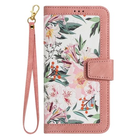 Etui til iPhone 15 Rosa - lite, friskt skinnetui + kort snor, liten blomstret flip-stropp
