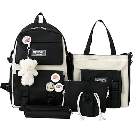 Rygsætsæt 5 stk. Æstetiske skoletasker sødt rygsætsæt med vedhæng, madkasse, penalhus, håndtaske, møntpung