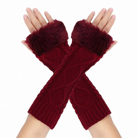 Dam Vinter Värme Plysch Manschetter Halvfingerhandskar Utomhusaktiviteter Vinröd
