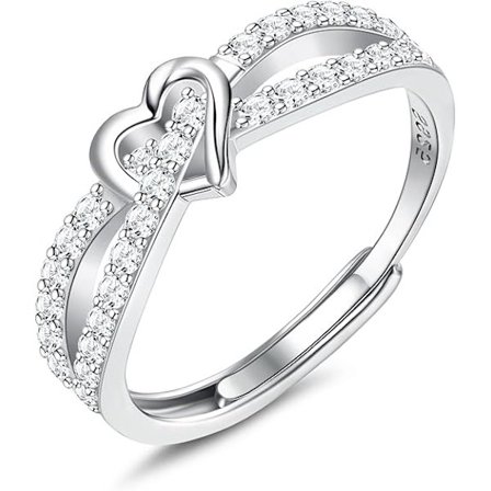 925 Sterling Silverringar för Kvinnor Hjärta Justerbara Öppna Ringar Cubic Zirconia Förlovningsringar Löftesringar för Bröllop