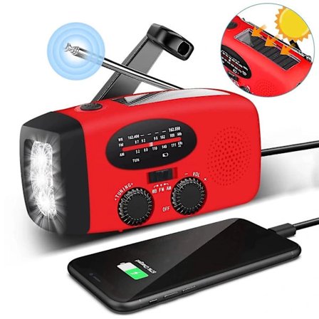 Vevradio med Solceller, Ficklampa och 2000mAh Powerbank SOS Nödsituation - Röd