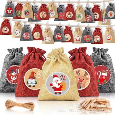 2025 Julekalender gavepose sæt med snoretræk, julestofpose