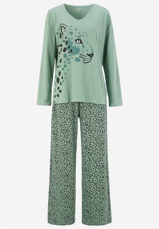 Cellbes of Sweden - To-delt pyjamas i grøn/leopard til damer i størrelse 38/40