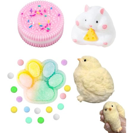4 stk. farverige squishy legetøjssæt, Fufu Taba Squishies Fidget legetøj med kattepote, kiks til Oreo, lille hamster og gul kylling sensorisk leg Sui