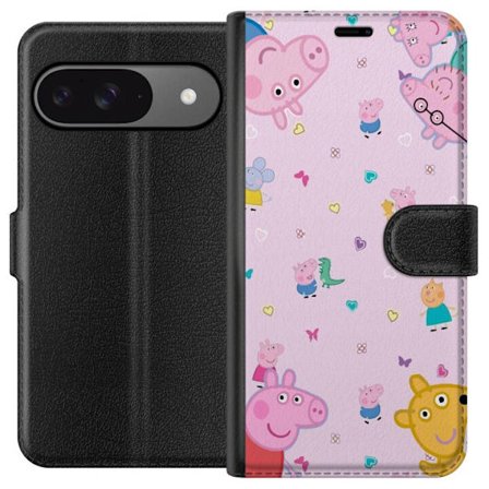 Kompatibelt Lommeboketui til Google Pixel 9 Pro Peppa Gris med en baby i armene, mamma gris motiv i fargerik og myk barneillustrasjon med hjerter