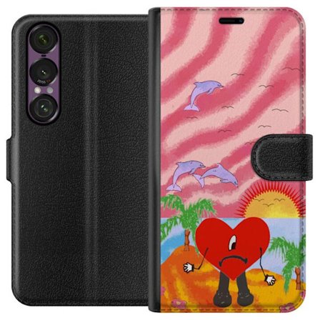 Yhteensopiva Lompakkokotelo Sony Xperia 1 VII Bad Bunny värikkäässä tikatussa takissa sydänkuvioilla ja aurinkolaseilla modernissa katutyylissä