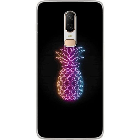 Kompatibel Mobilcover til OnePlus OnePlus 6 Neon illustration af ananas i farverigt lys mod sort baggrund