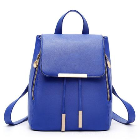 Kvinder pige rygsæk skuldertaske skoletaske Dobbelt lynlås Iron Side Drawstring Flip Pu Dark Blue 22*15*27cm