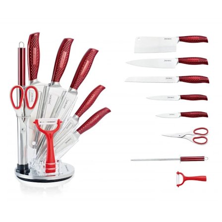 Knivsett med roterende stativ - 9 deler rød[CO]