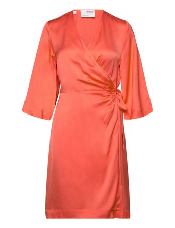 Slffranziska 3/4 Short Satin Wrap Dress Orange Selected